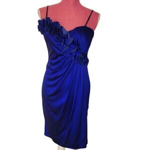 Maggy London 90s Holiday satin Party Dress Saphire Blue MD Ruffles